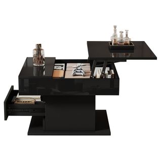 Table Basse Relevable 360° Carrée Noire 70x70x45 Cm Avec 1 Tiroir Et Rangement Caché