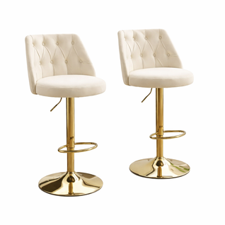 Lot De 2 Tabouret De Bar En Velours, Dossier Haut Rembourré, Pivotant Et Réglable, Beige