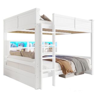 Lit Superposé 160x200 Cm Avec Lattes Et Rangements, LED, En Bois, Blanc