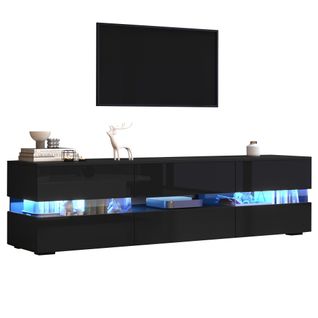 Meuble TV 160 Cm Avec 2 Portes Et 1 Tiroir, Brillante, Niche Ouverte, Avec LED, Noir