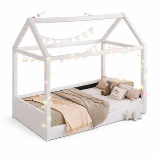 Lit Cabane Enfant 90x200 Cm, Avec LED Et Lattes, Beige