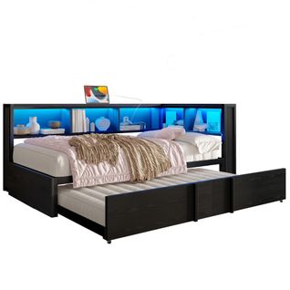 Lit Gigogne 90x200 Cm Avec Lattes, Rangements Intégrés Et LED, En Métal, Noir