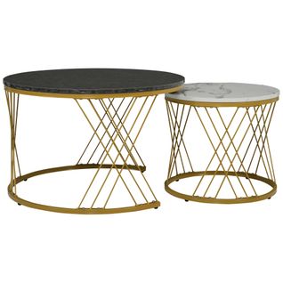 Lot De 2 Tables Gigognes Rondes Gris Et Blanc Effet Marbre, Cadre Métal Finition Dorée