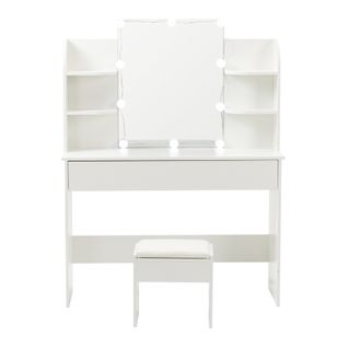 Coiffeuse Éclairée Blanche Avec Miroir 3 Volets Et Tabouret