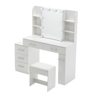 Coiffeuse Blanche Avec Miroir Coulissant Et Tabouret, 100x40.5x136 Cm