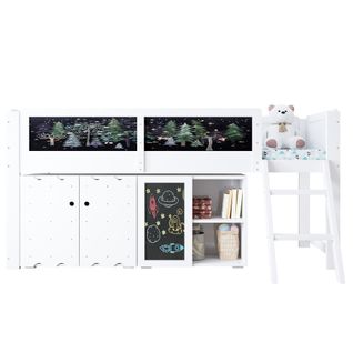 Lit Mi-haut 90x200 Cm Avec Armoire Double Et Lattes, En Bois, Blanc Et Noir