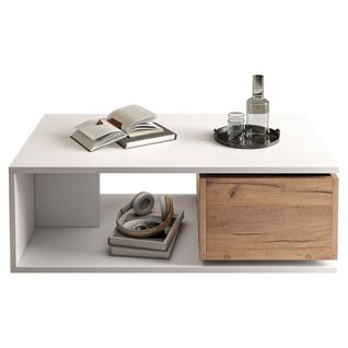 Table Basse Rectangulaire Blanc Et Chêne 90x50x30 Cm Avec 1 Tiroir Rotatif 360° Et Rangement