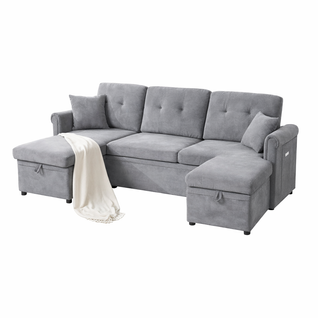 Canapé D'angle Convertible En U 4-5 Places Avec Coffre, En Chenille, Gris