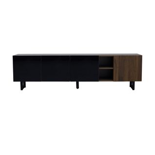 Meuble TV 180 Cm Avec 4 Portes, Brillante, Niche Ouverte, Aspect Bois Vieilli, Noir Et Naturel
