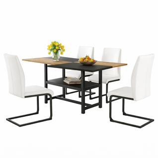 Ensemble Table Et Chaises, Table à Manger 160x90x76 Cm Avec Pieds Métal Et 4 Chaises En Pu Blanc