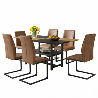 Ensemble Table Et Chaises, Table à Manger 160x90 Cm Avec Pieds Métal Noir Et 6 Chaises En Tissu Brun
