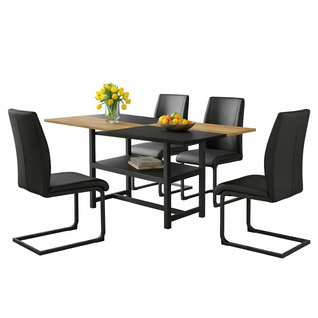 Ensemble Table Et Chaises, Table à Manger 160 Cm Avec Pieds Métal Noir Bois Et 6 Chaises En Pu Noir