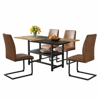 Ensemble Table Et Chaises, Table à Manger 160 Cm Avec Pieds Métal Noir Et 4 Chaises En Tissu Brun