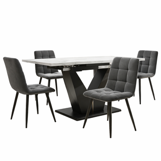 Ensemble Table Et Chaises, Table à Manger 99-159 Cm Avec Pieds V Noir Et 4 Chaises En Velours Gris