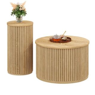 Lot De 2 Tables Basses Rondes Naturelle , Motif 3d à Rayures, Multifonctionnel