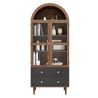 Vitrine Avec 2 Tiroirs, Portes Vitrées Striées, Étagères Réglables, Finition Noyer, Poignées Dorées