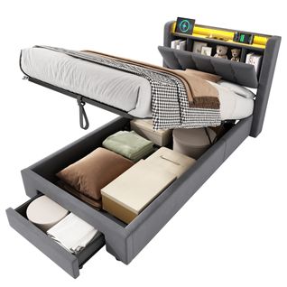 Lit Coffre 90x190 Cm Avec Tiroir, 2 Prises Électriques Et USB, LED, En Velours Gris Foncé