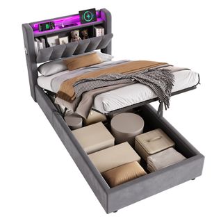 Lit Coffre Enfant 90x190 Cm, Tête De Lit Avec Prises Électriques Et USB, LED, En Velours Gris Foncé