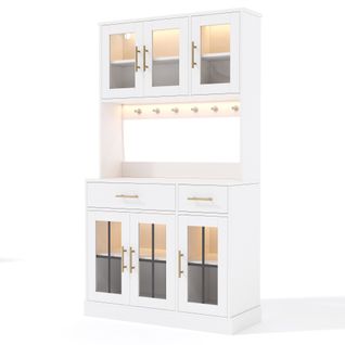 Buffet De Cuisine, Buffet Haut Blanc Avec LED Et 6 Portes, 2 Tiroirs