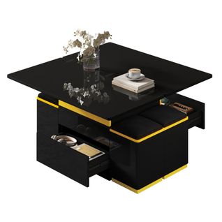 Table Basse Relevable Rectangulaire Noir Et Jaune Avec Rangement Et 4 Tabourets