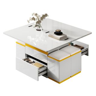 Table Basse Relevable Rectangulaire Blanche Et Jaune Avec Rangement Et 4 Tabourets