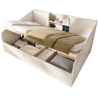 Lit Coffre 140x190 Cm, Tête De Lit De Rangement, Avec Lattes Et Ports USB Et Type-c, En Bois, Blanc