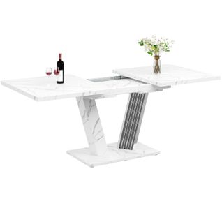 Table à Manger Extensible 120-160x80 Cm, Plateau Effet Marbre Blanc, Pieds Métalliques Papillon