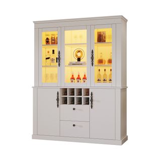 Vitrine Blanche 130 X 37.5 X 170.5 Cm Avec LED, 2 Tiroirs, 4 Portes, 8 Casiers à Vin