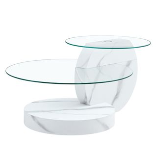 Table Basse Ronde Blanche, Verre Transparent, 2 Niveaux