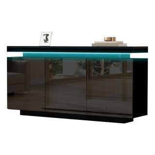 Buffet Noir Brillant Avec 2 Tiroirs Et 4 Portes, Éclairage LED Intégré, Sans Poignées