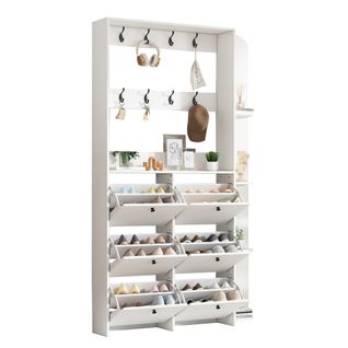Vestiaire D’entrée Avec 8 Crochets, 8 Compartiments à Chaussures Rabattables, Blanc