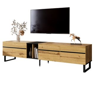 Meuble TV 180 Cm Avec 1 Abattant, 2 Portes, 2 Niche Ouverte, Couleur Bois