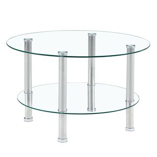 Table Basse Ronde à 2 Niveaux En Verre Trempé Et Métal Argenté