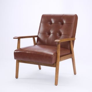 Fauteuil Fixe En Cuir, Surpiqûres Décoratives, Pieds En Bois, Marron