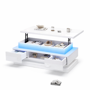 Table Basse Relevable Blanche 100 X 50 X 40 Cm Avec LED, 2 Tiroirs Et Rangement Caché