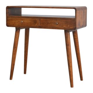 Table Console En Bois Massif De Manguier, Deux Tiroirs, Pieds Nordiques, Finition Naturelle