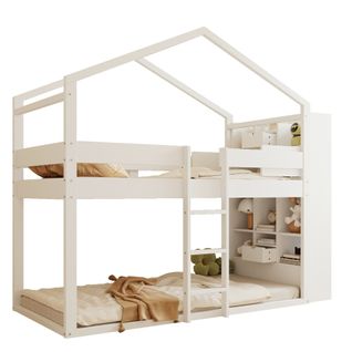 Lit Superposé 90x200 Cm, Rangements Aux Têtes De Lit, Avec Sommier à Lattes, En Bois, Blanc