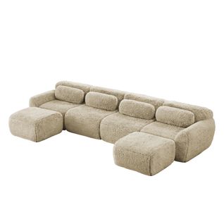 Canapé D’angle Modulable En U En Tissu Peluche, Sans Montage, Avec Coussins, Kaki Clair