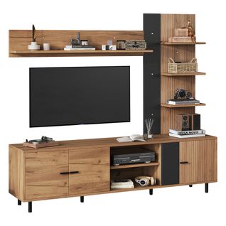 Meuble TV Bois Et Noir 187.5x40x167 Cm Avec Vitrine, Étagère, 3 Portes, Niche Ouverte