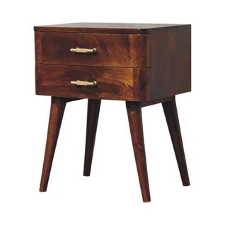 Table De Chevet En Bois Massif Manguier, 2 Tiroirs, Finition Marron