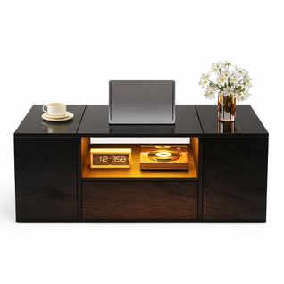 Table Basse Noire 100 X 50 X 40 Cm Avec LED, 1 Tiroir Et 2 Compartiments Haut Brillant