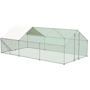 Enclos Poulailler Extérieur En Métal 3x6 M Avec Toit Pvc, Porte Verrouillable Et Échelle, Blanc