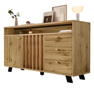 Buffet Chêne Foncé 120x40x85 Cm Avec 3 Tiroirs, 2 Portes à Lames, Niche Ouverte
