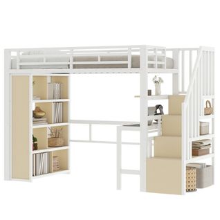 Lit Mezzanine 90x200 Cm, Avec Bureau Et Rangement Escalier, Avec LED, En Métal, Blanc