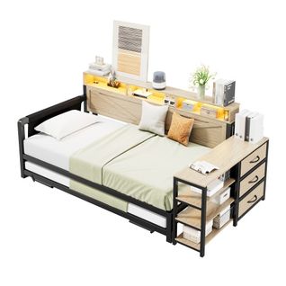 Lit Gigogne 90x200 Cm, Avec LED Et Ports USB Et Type-c, En Métal, Noir