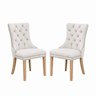 Lot De 2 Chaises De Salle à Manger, Tissu Lin Capitonné, Pieds Bois Massif, Beige