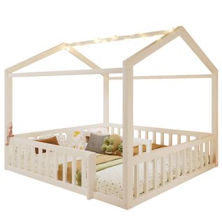 Lit Cabane 90/180x190 Cm, Lit Enfant Avec Barrières Et LED, En Bois, Blanc