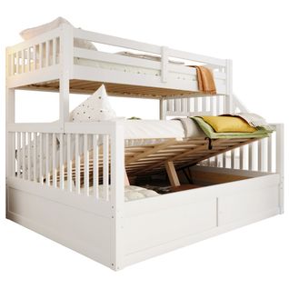 Lit Superposé 90x200 Cm Et 140x200 Cm, Coffre Hydraulique Et Escalier Rangement, En Bois, Blanc