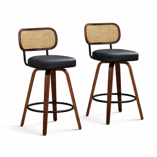 Lot De 2 Tabourets De Bar Pivotants, Dossier Cannage, Assise En Pu, Noir