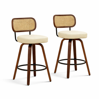 Lot De 2 Tabourets De Bar Pivotants, Dossier Cannage, Assise En Pu, Beige
